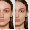 Die Gegenüberstellung des Gesichts einer Frau vor und nach der Anwendung des NABLA Cosmetics Art Of Skin Foundation Stick zeigt eine glattere, ebenmäßigere Haut.