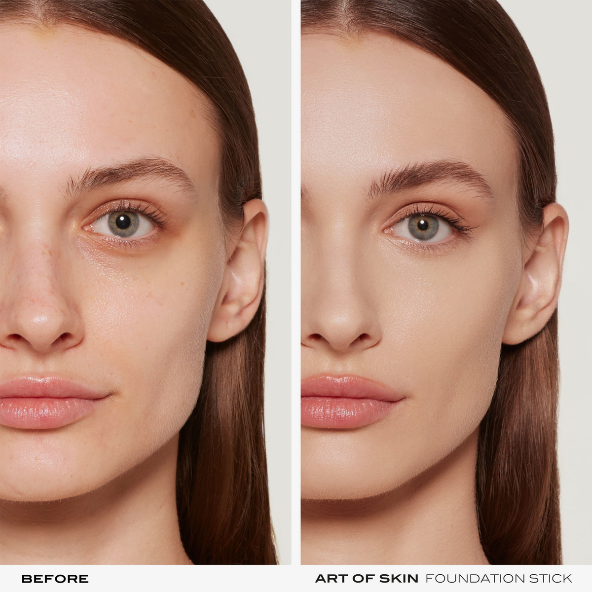 Die Gegenüberstellung des Gesichts einer Frau vor und nach der Anwendung des NABLA Cosmetics Art Of Skin Foundation Stick zeigt eine glattere, ebenmäßigere Haut.