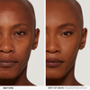 Split-Image des Gesichts einer Frau vor und nach dem Auftragen des NABLA Cosmetics Art Of Skin Foundation Stick, das eine glattere, ebenmäßigere Haut zeigt.