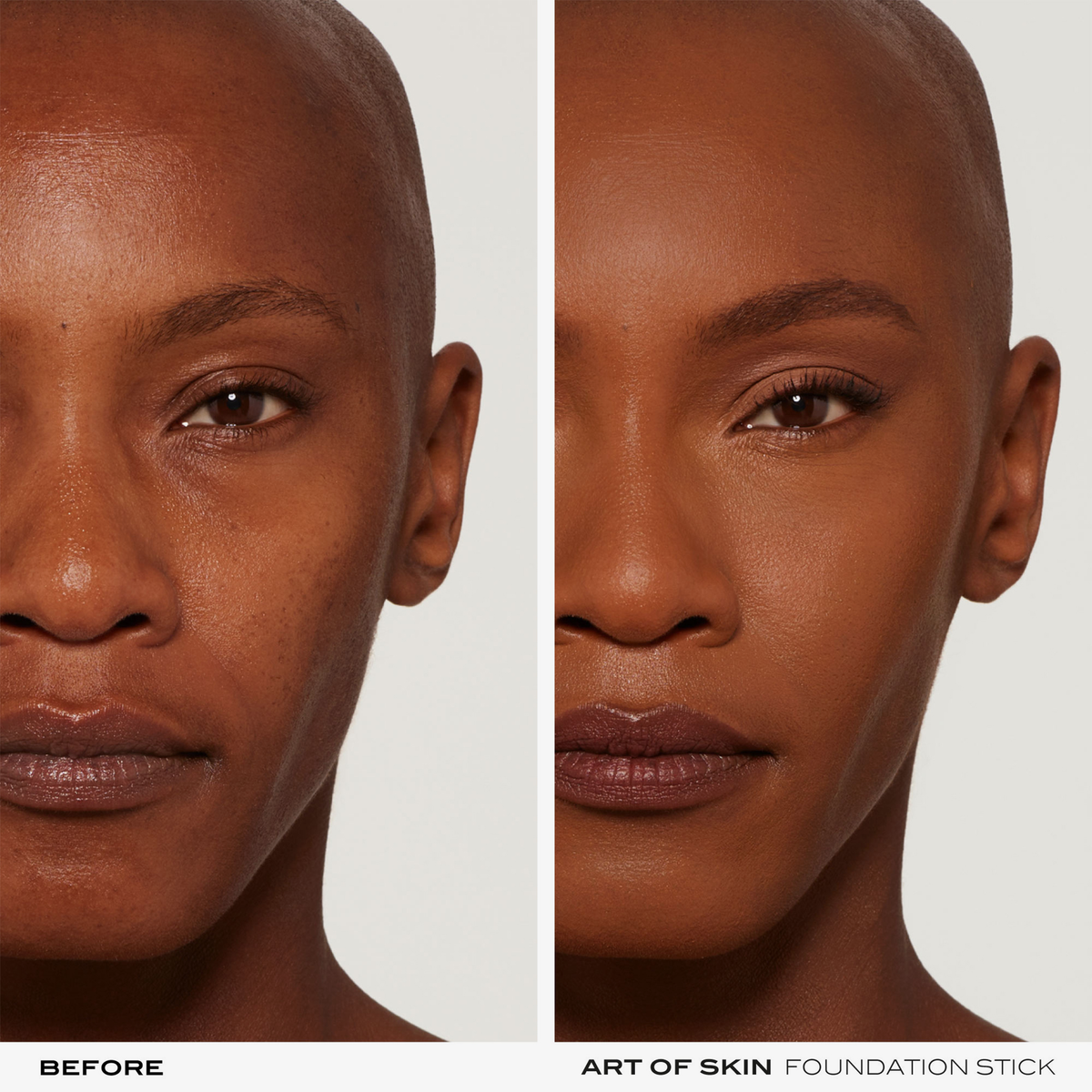Split-Image des Gesichts einer Frau vor und nach dem Auftragen des NABLA Cosmetics Art Of Skin Foundation Stick, das eine glattere, ebenmäßigere Haut zeigt.