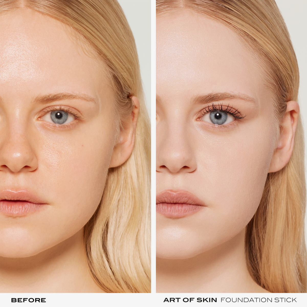 Die Gegenüberstellung des Gesichts einer Frau vor und nach dem Auftragen des NABLA Cosmetics Art Of Skin Foundation Stick zeigt eine glattere, ebenmäßigere Haut.