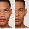 Split-Screen des Gesichts eines Mannes vor und nach der Anwendung des NABLA Cosmetics Art Of Skin Foundation Stick, der eine glattere, ebenmäßigere Haut zeigt.