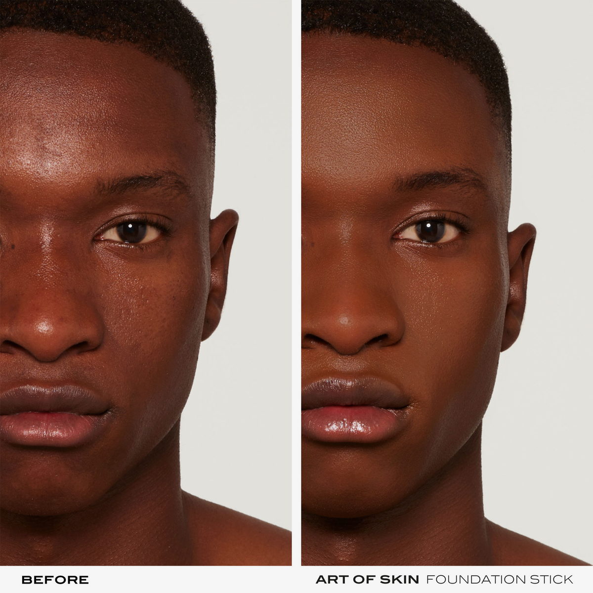 Das Gesicht eines Mannes vor und nach der Anwendung des NABLA Cosmetics Art Of Skin Foundation Stick zeigt eine glattere, ebenmäßigere Haut.