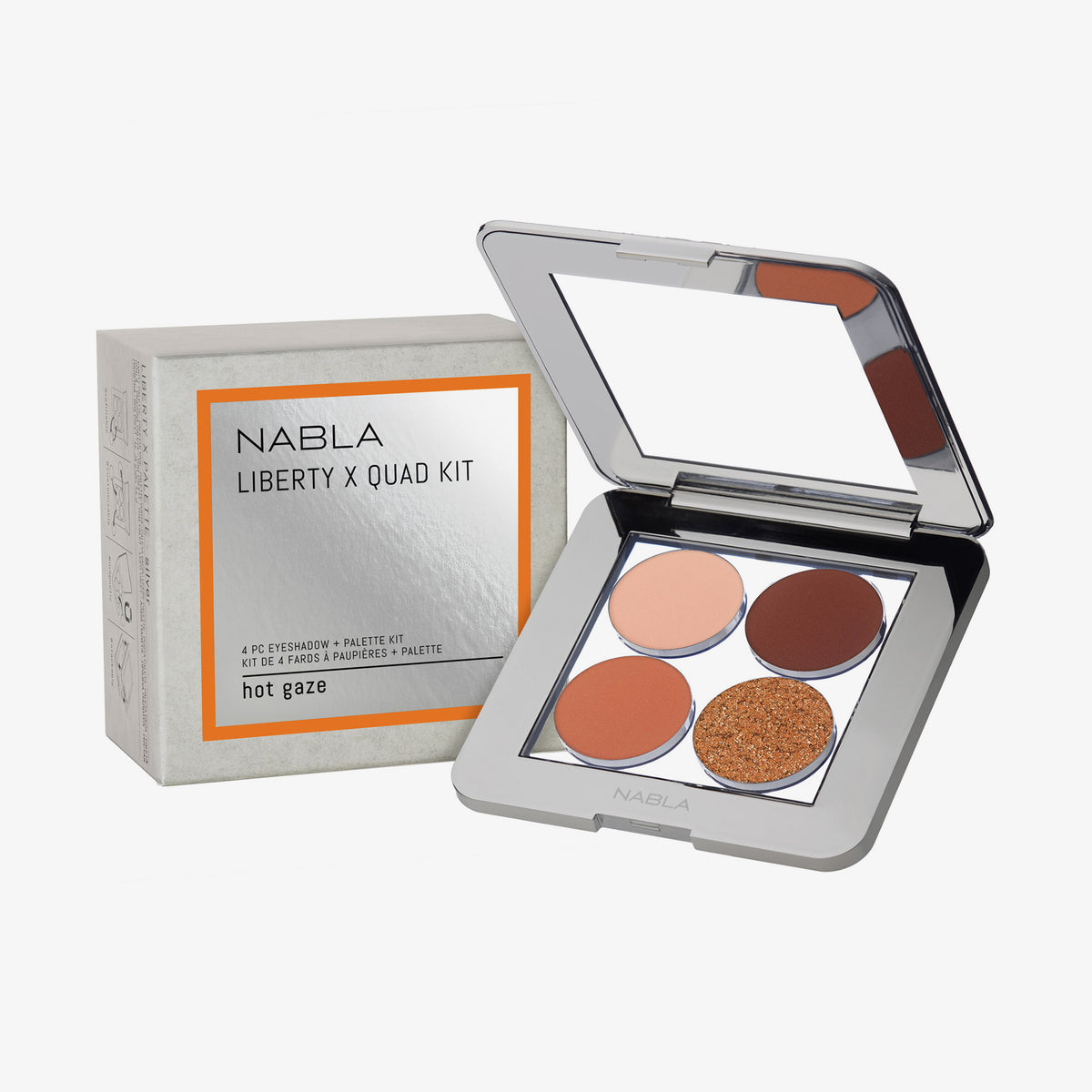 Die Lidschattenpalette Liberty X Quad Kit umfasst vier warme Farbtöne und wird in einer Verpackungsbox geliefert.
