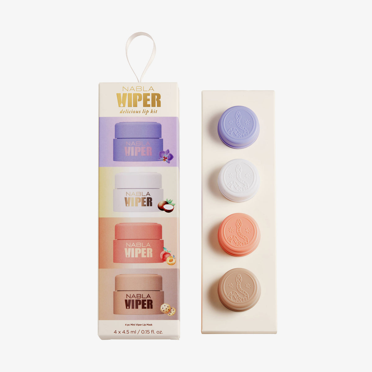 Viper Delicious Lip Kit mit vier farbenfrohen Lippenbalsambehältern mit passender Verpackung, vertikal angeordnet.