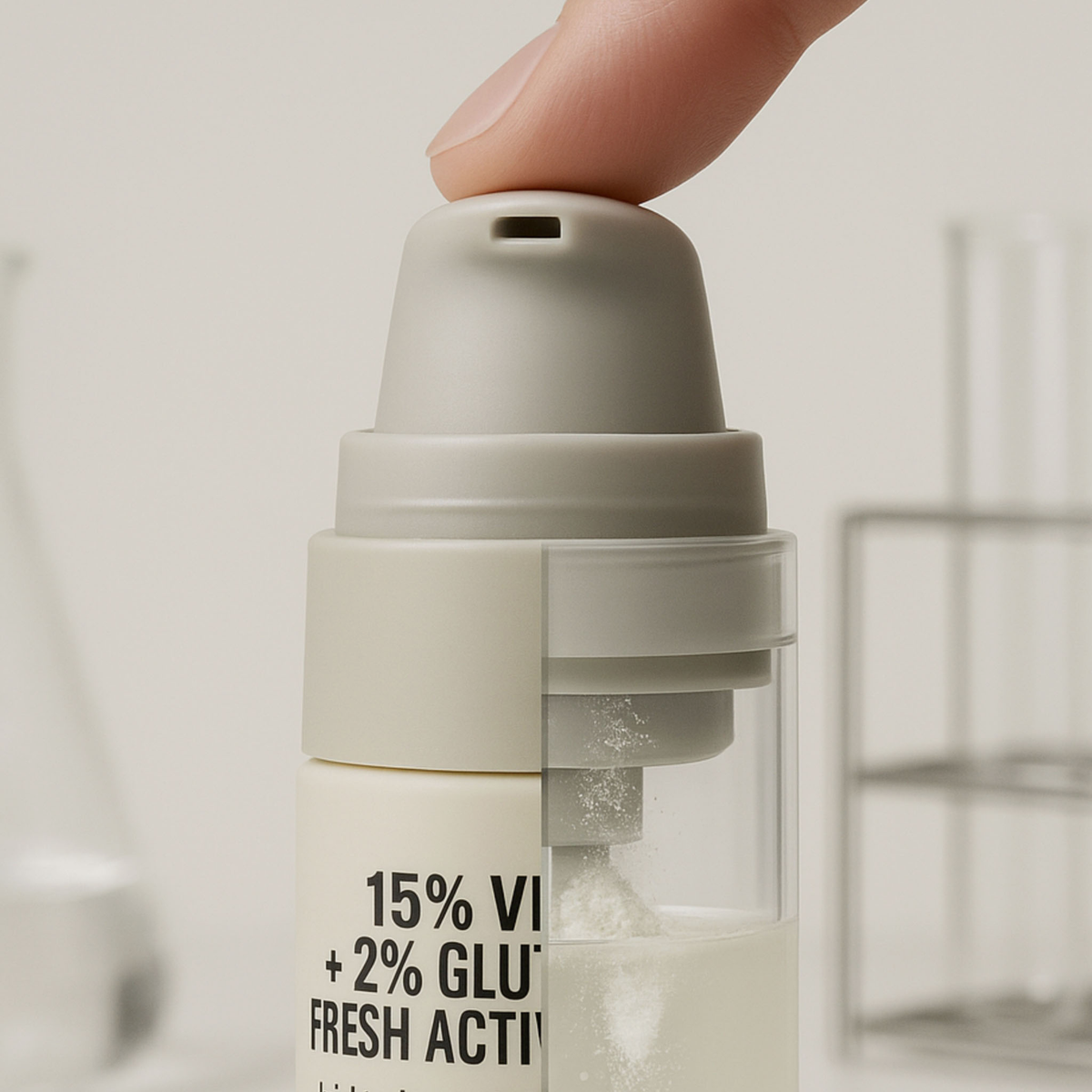 Ein Finger drückt auf den Deckel einer NERDS. 15% Vitamin C + 2% Glutathion Fresh Active Serum Flasche, mit sichtbarem Pulver im Inneren und beschriftetem Text.