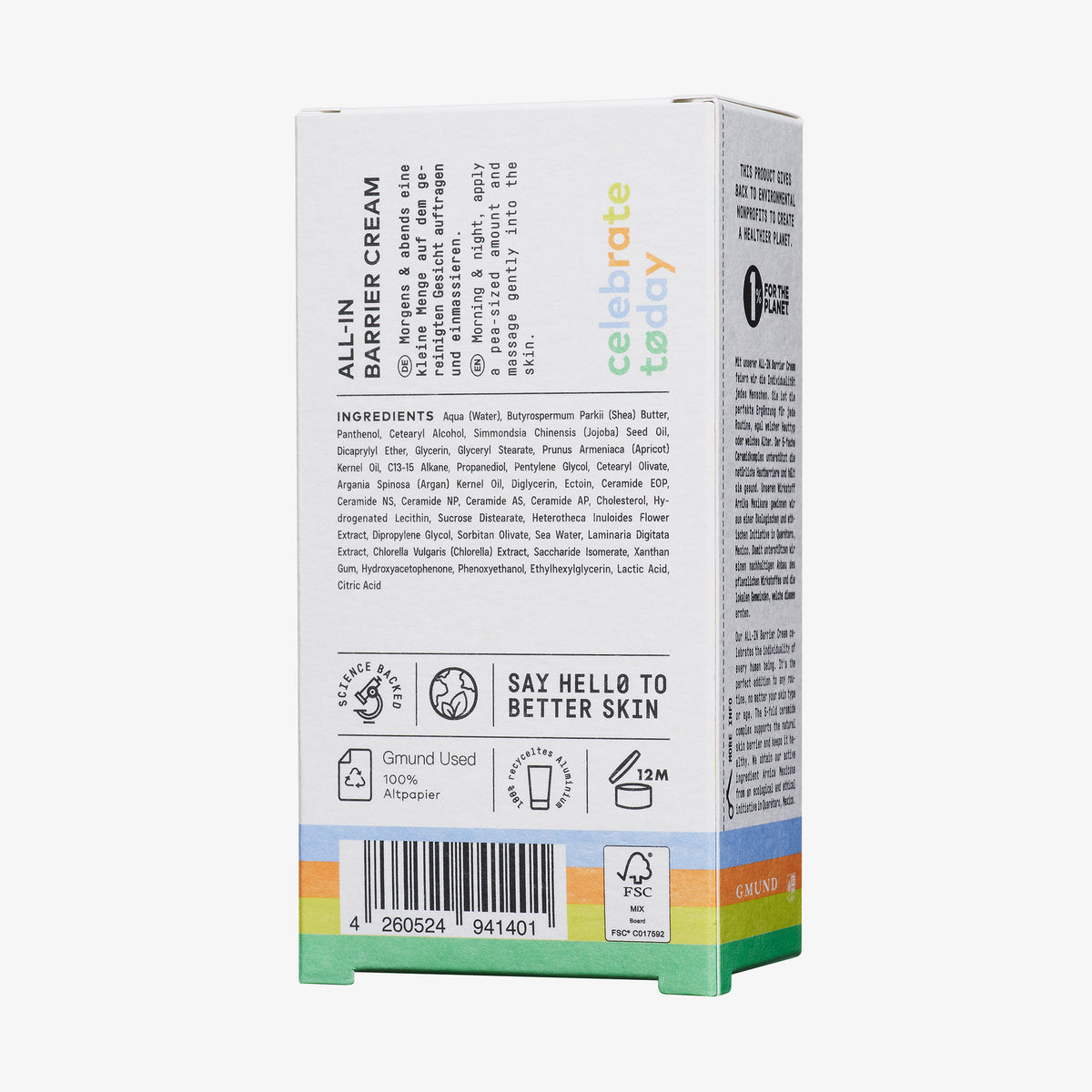 Rückseite der All-In Barrier Cream-Box von Celebrate Tøday mit Angaben zu Inhaltsstoffen, Gebrauchsanweisungen und Umweltsymbolen.
