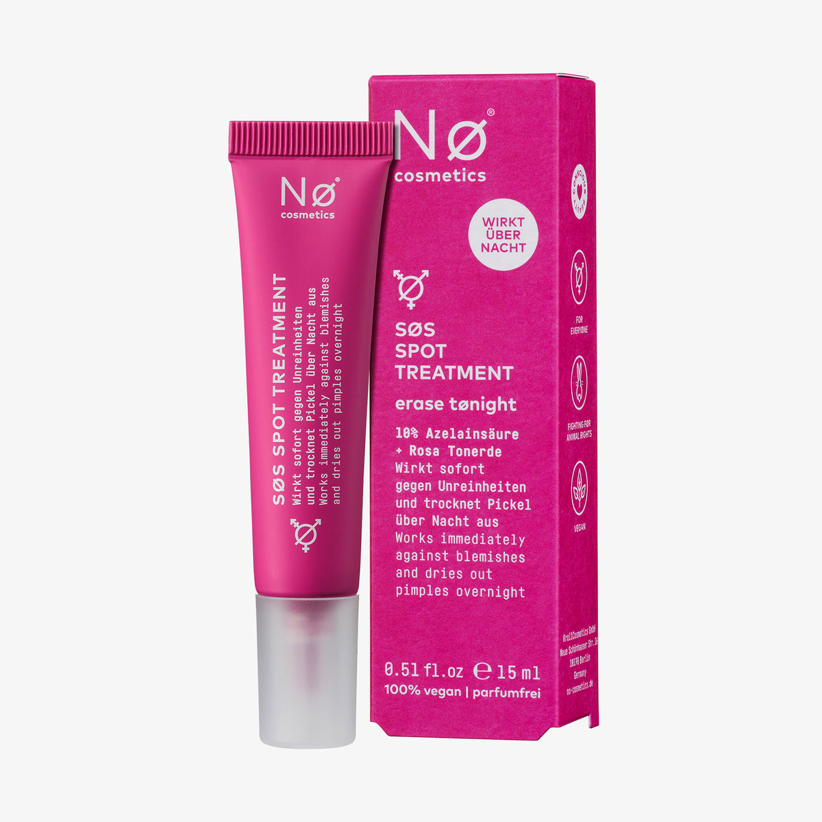 Eine rosafarbene Tube von Nø Cosmetics erase tønight SØS Spot Treatment steht neben der passenden Schachtel, beide mit weißem und rosafarbenem Text.