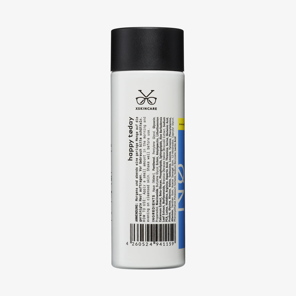Rückseite der Happy Tøday 120h Liquid Hydrator-Flasche mit schwarzem Deckel wird präsentiert. Auf dem Etikett ist die Produktbeschreibung zu sehen.