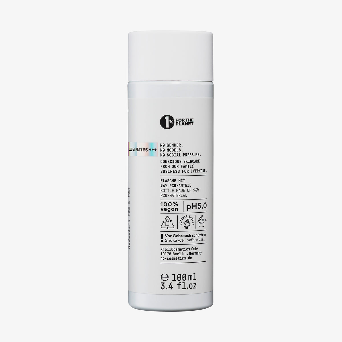 Rückseite des Radiant Tøday Liquid Illuminator in einer weißen Flasche mit weißem Etikett und Produktbeschreibung.