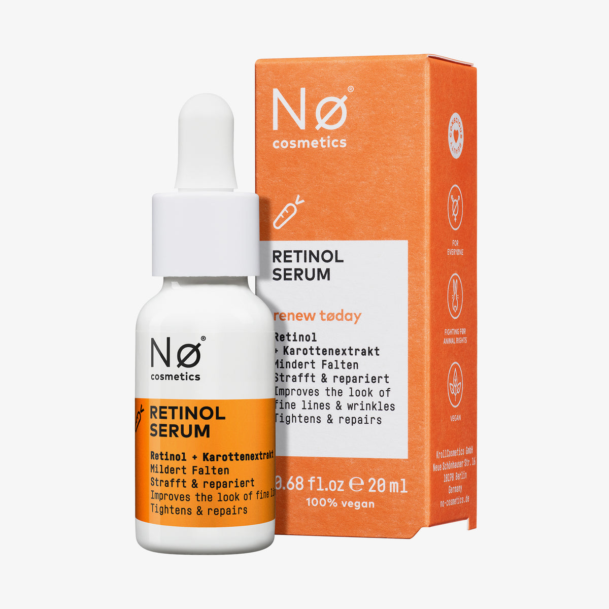 Eine 20ml Flasche und orangefarbende Schachtel von Nø Cosmetics renew tøday Retinol Serum vor weißem Hintergrund.