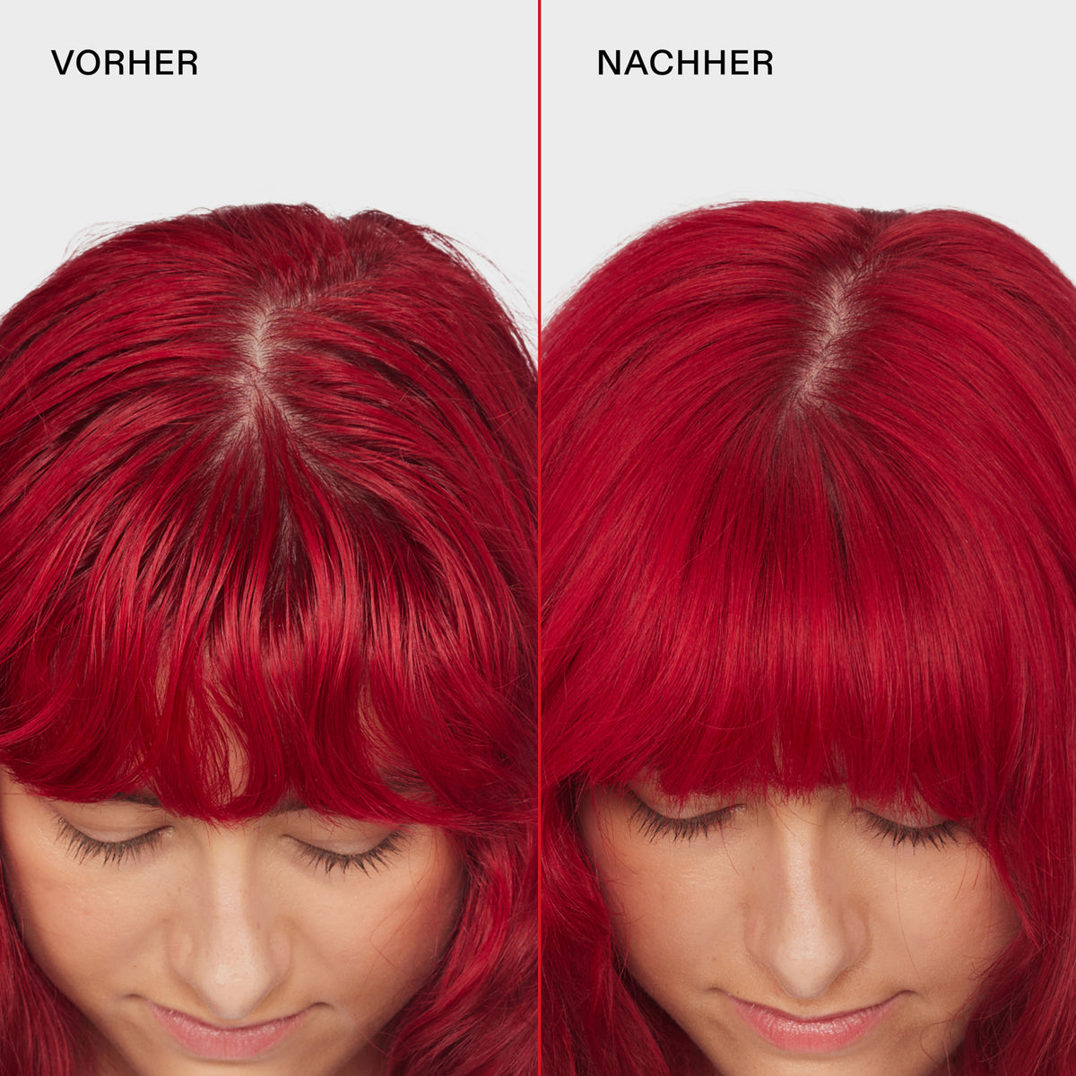Vorher-Nachher-Bild: Frau mit roten  Haaren und fettigem Ansatz (links) und mattierten voluminöseren Haaren (rechts) nach  der Anwendung von N° 4D Clean Volume Detox Dry Shampoo.