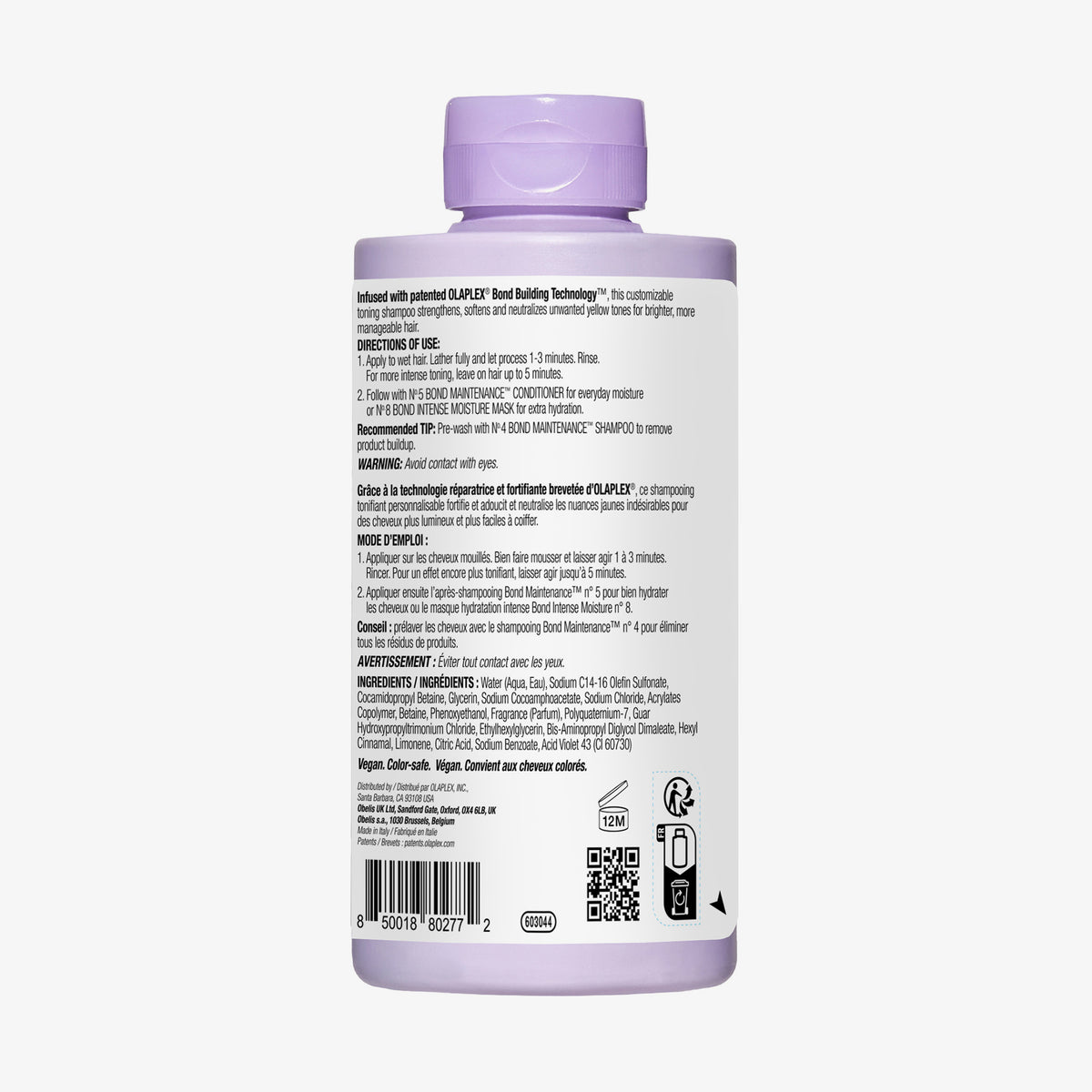 Rückseite einer lavendelfarbenen Flasche N°4P Blond Enhancer Toning Shampoo mit Produktbeschreibung auf weißem Etikett vor weißem Hintergrund.