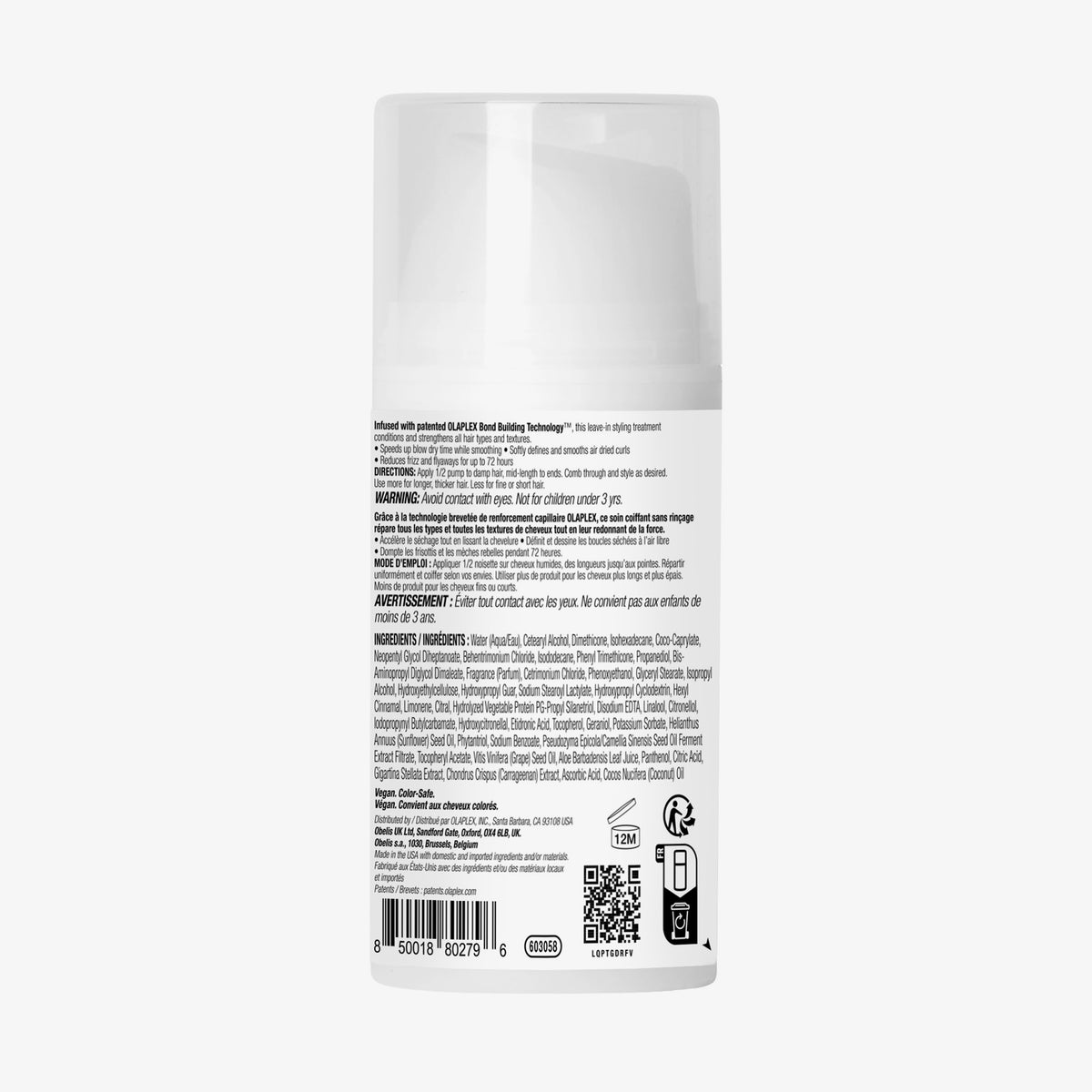 Rückseite der N°6 Bond Smoother-Flasche mit Angaben zu Inhaltsstoffen, Warnhinweisen, Strichcode, QR-Code und Recyclingsymbolen.