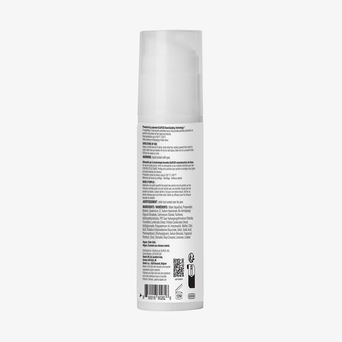 Rückseite der N°9 Bond Protector Nourishing Hair Serum Flasche mit Produktinformationen und Inhaltsstoffen vor weißem Hintergrund.