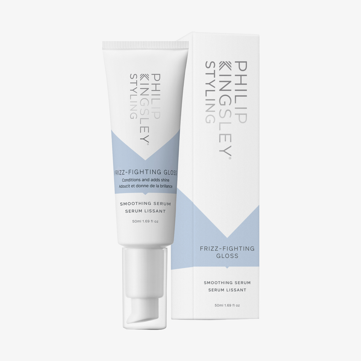 Eine Tube und eine Schachtel „Philip Kingsley Finishing Touch Frizz Fighting Gloss“, 50 ml, vor weißem Hintergrund.