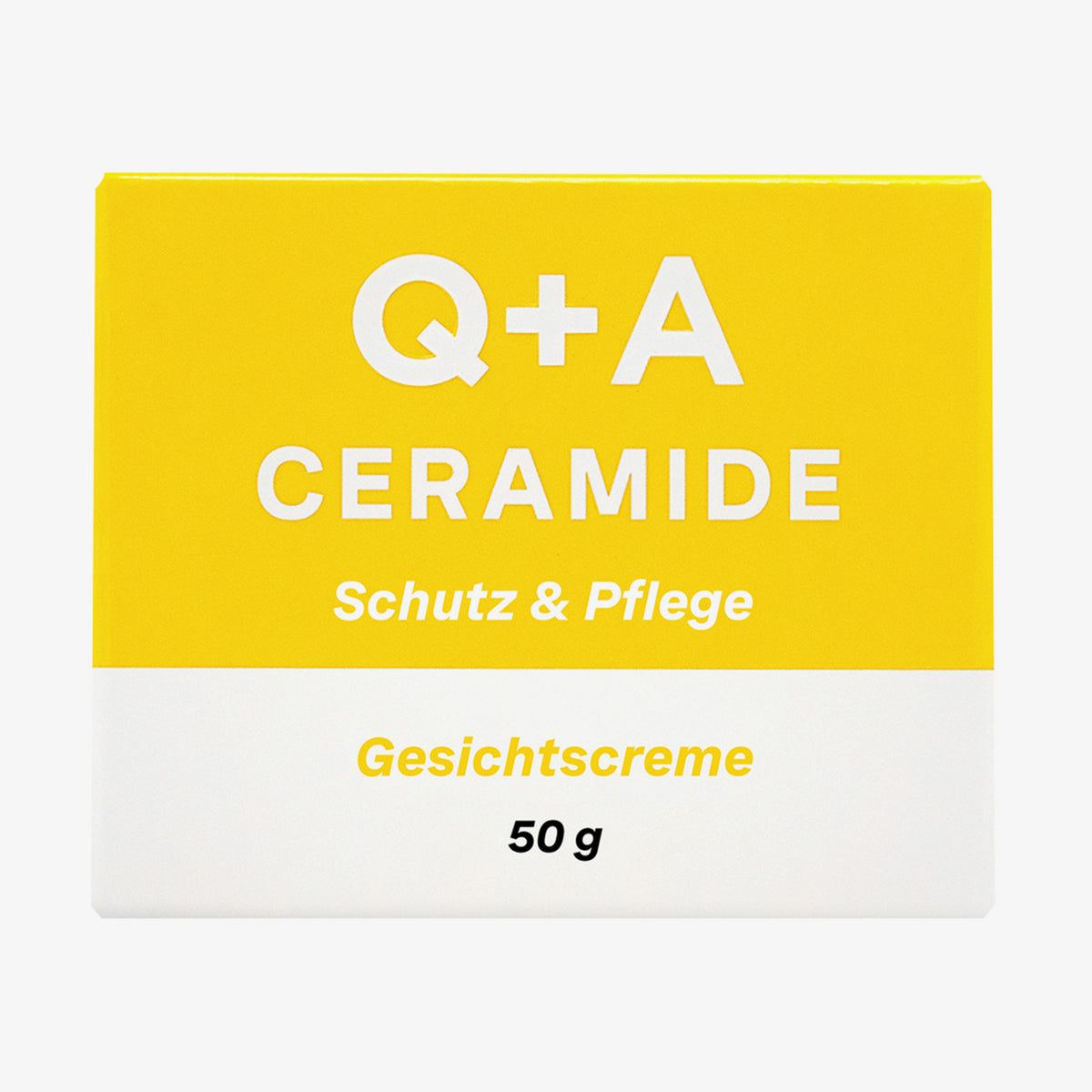 Gelb-weiße Schachtel mit der Aufschrift "Q + A Ceramide Gescihtscreme, 50 g, Schutz & Pflege“.