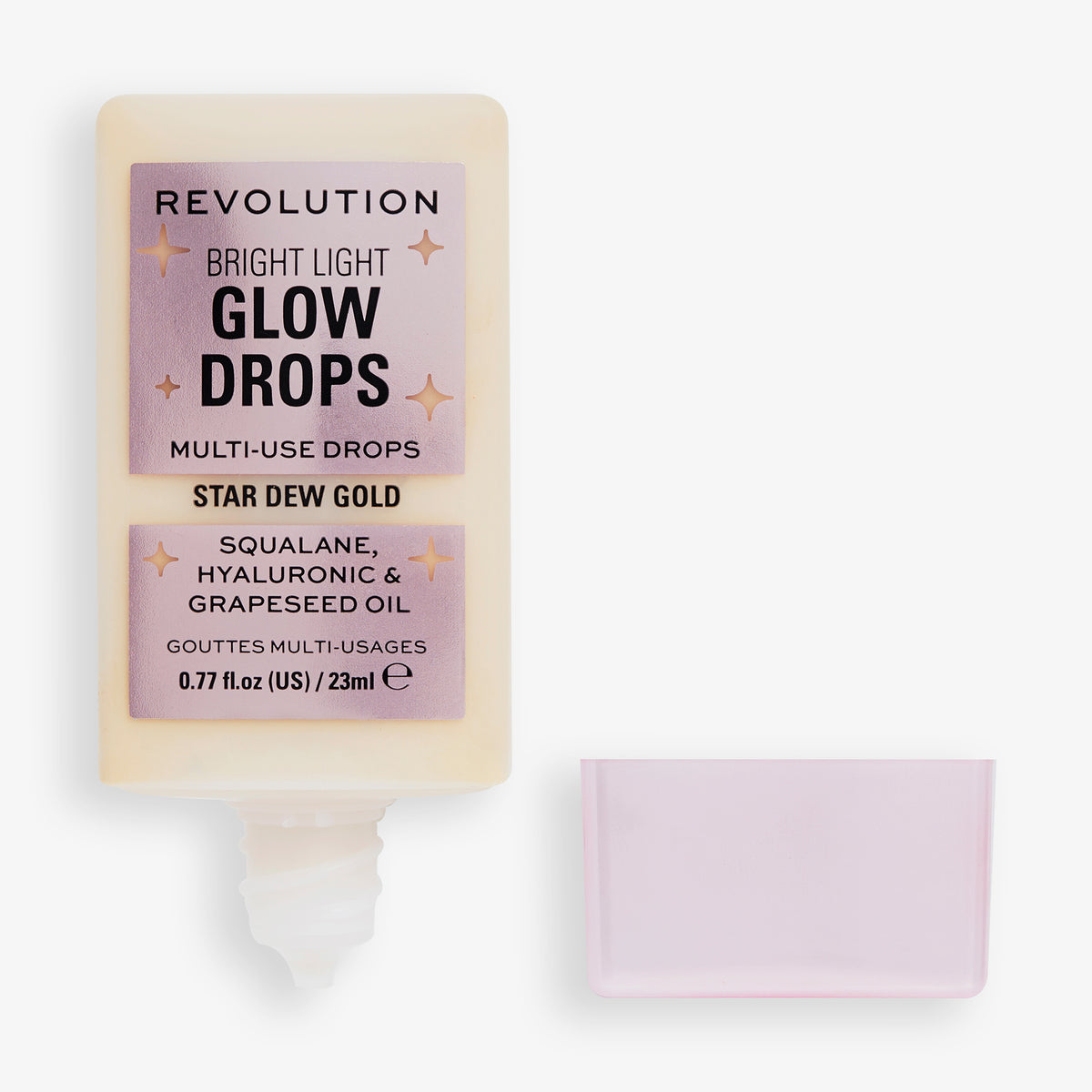 Eine geöffnete Flasche Bright Light Glow Drops Golden Star Dew mit einem rosa Deckel daneben.