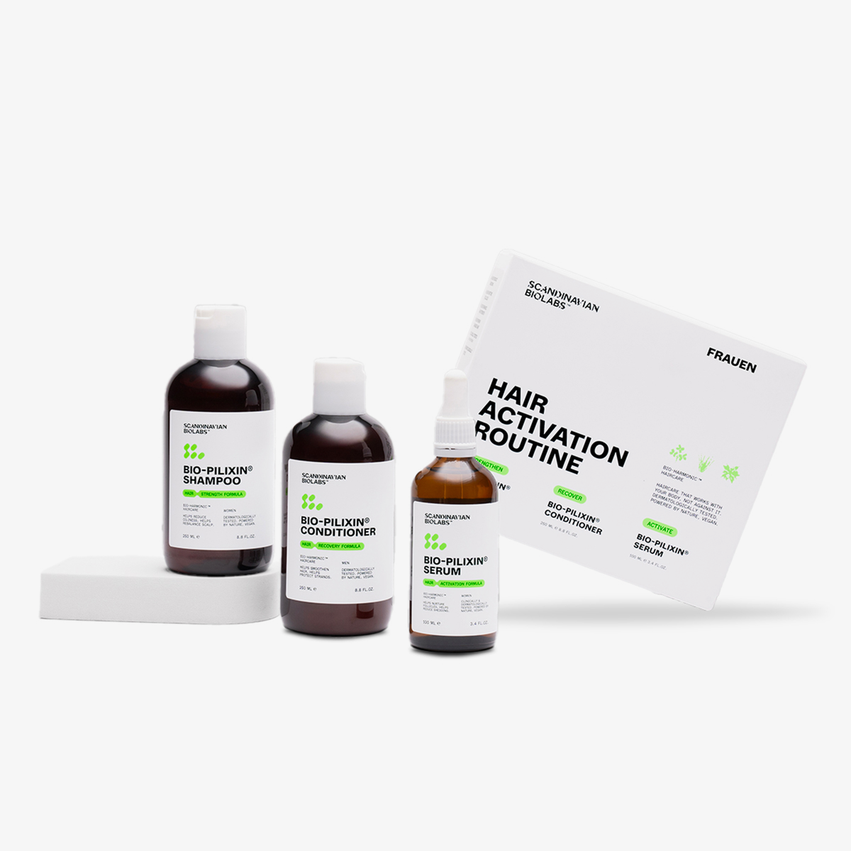 Drei Flaschen Scandinavian Biolabs Bio-Pilixin® Hair Activation Routine - Women und die Schachtel sind auf einem weißen Hintergrund abgebildet.