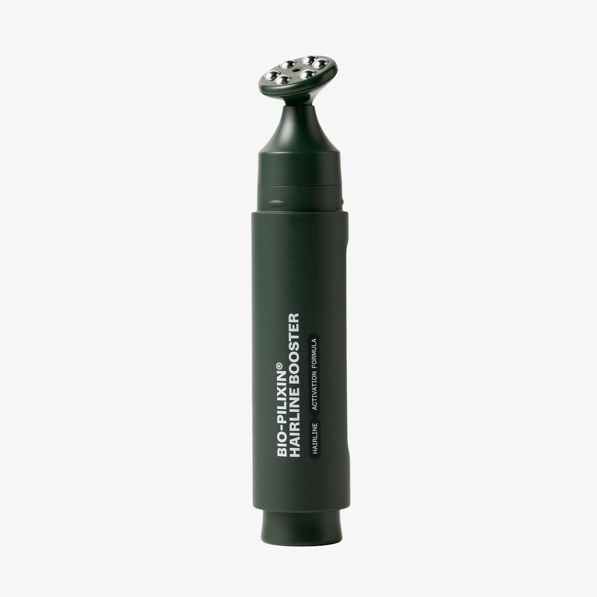Dunkelgrünes, zylindrisches Fläschchen Bio-Pilixin® Hairline Booster von Scandinavian Biolabs mit einem abgerundeten Massage-Applikator auf der Oberseite.