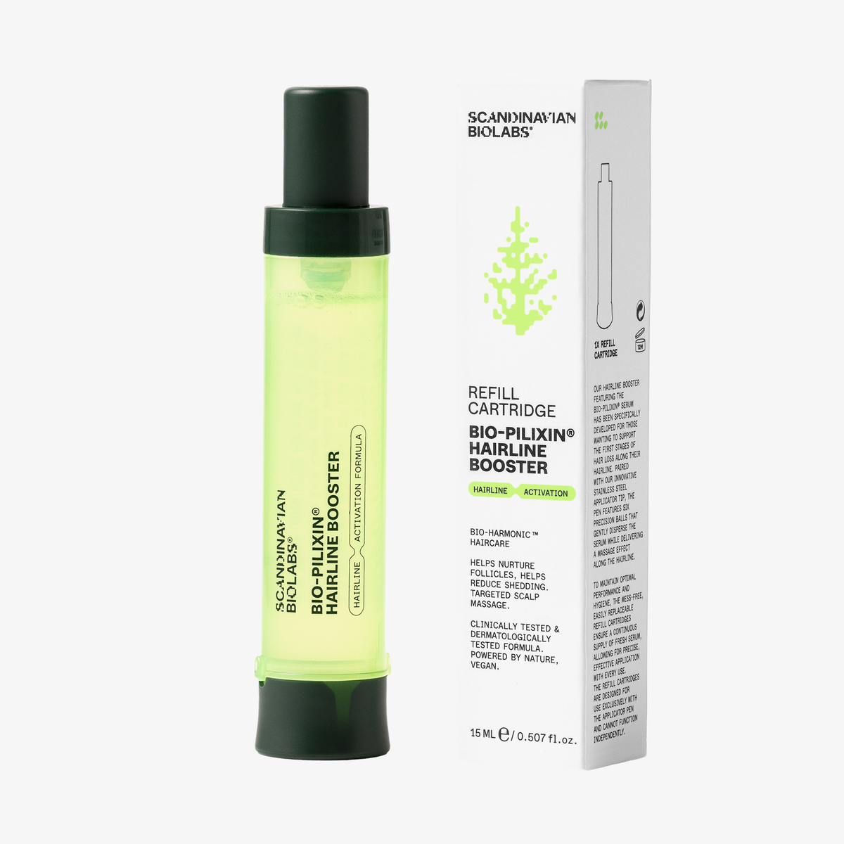 Eine Bio-Pilixin® Nachfüllpatrone für Hairline Booster in grün, abgebildet mit der weißen Verpackung von Scandinavian Biolabs.