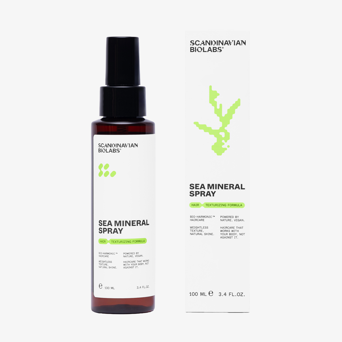 Eine 100ml Flasche und eine Schachtel von Scandinavian Biolabs Sea Mineral Spray mit einem minimalistischen weißen Design.