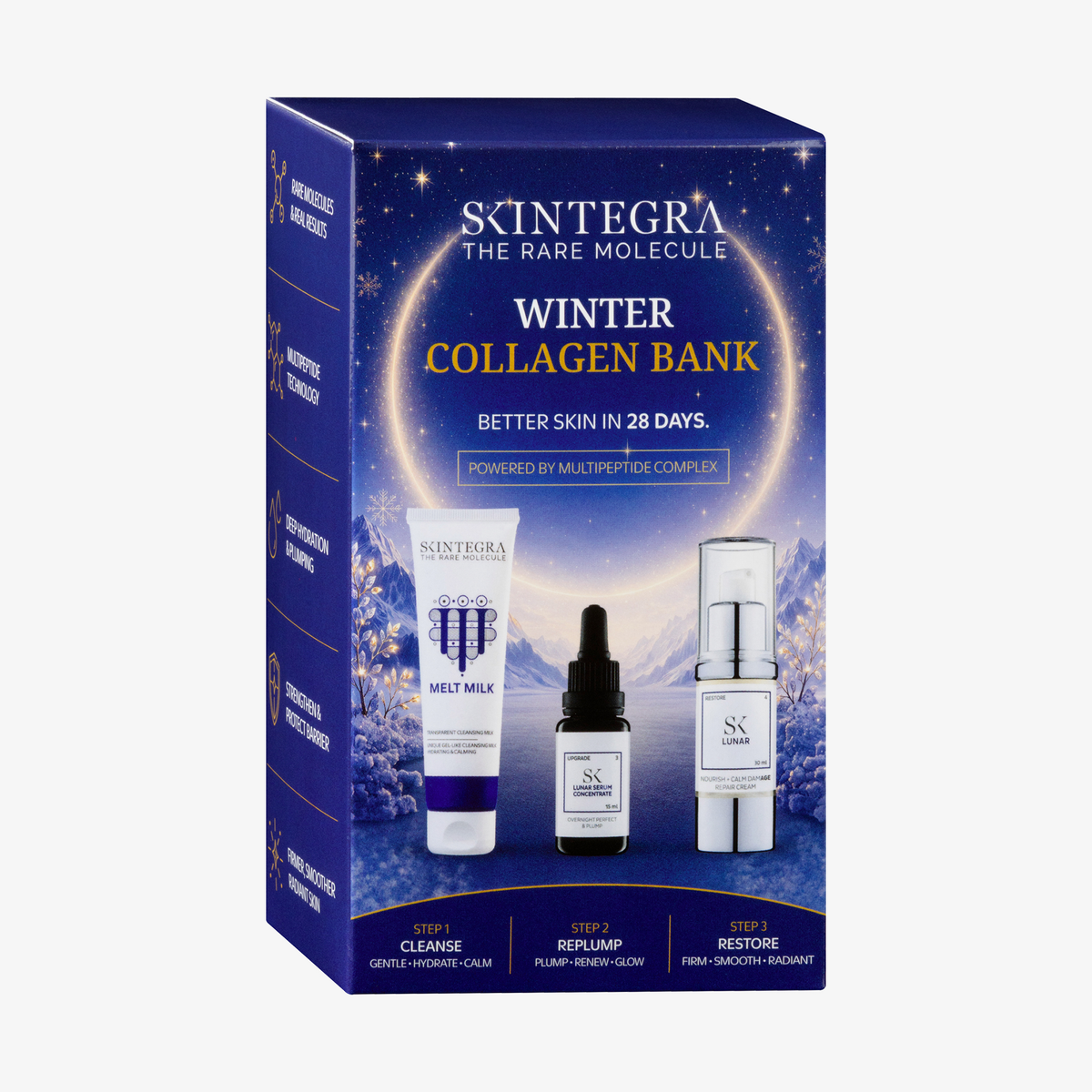 Ein Skintegra Winter Collagen Bank-Set, bestehend aus einer Reinigungsmilch, einem Serum und einer Regenerationscreme.
