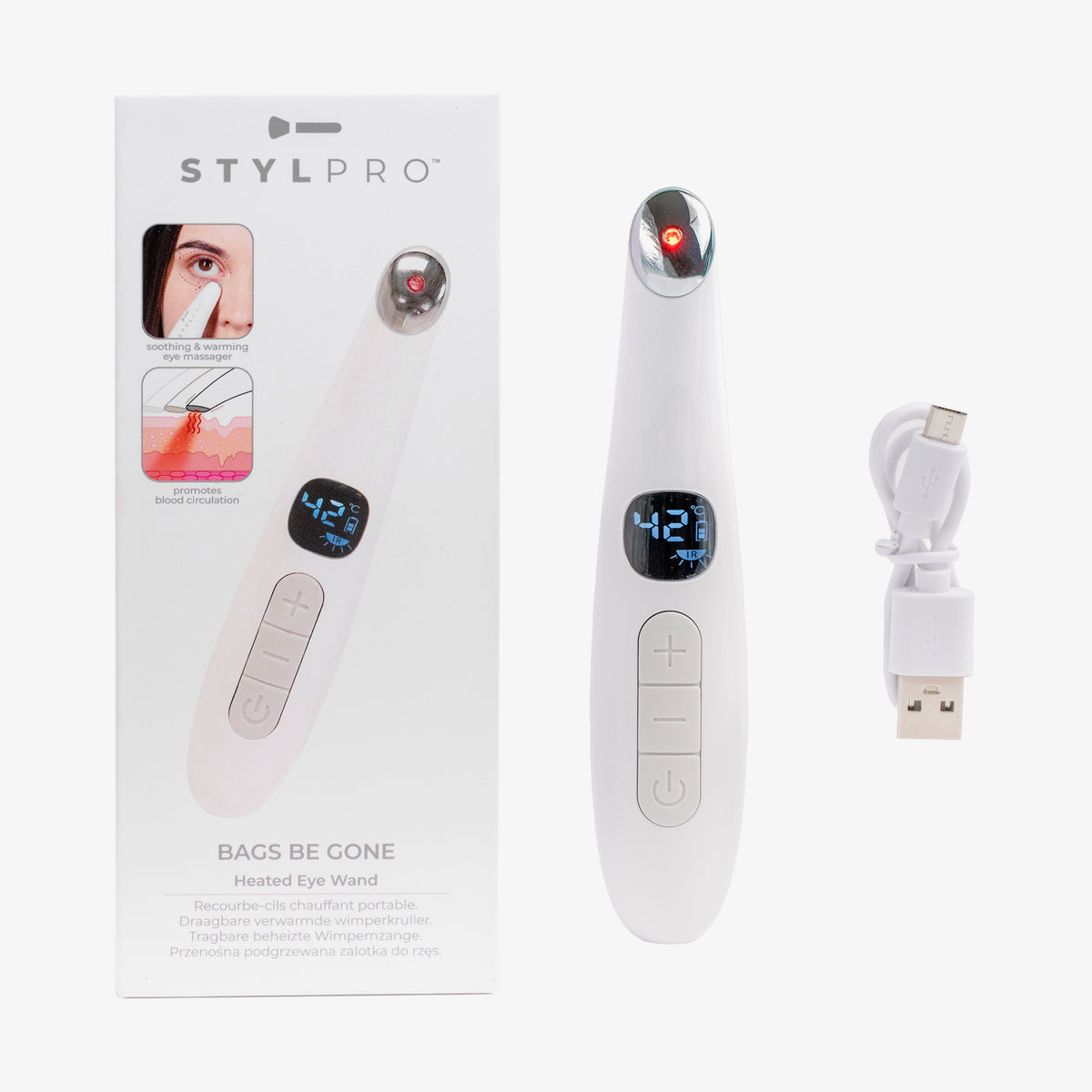 Der Beauty Eye Massager umfasst den Augenstab mit Display, ein USB-Kabel und wird in einer Verpackung mit Gebrauchsanweisungen geliefert.