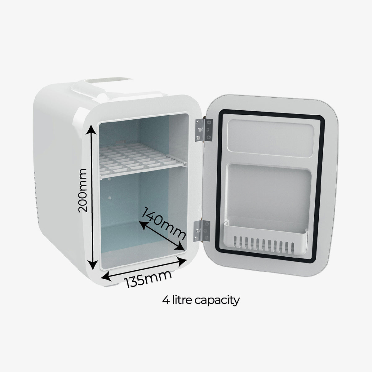 Der Beauty Fridge ist mit geöffneter Tür abgebildet und hat die Abmessungen 200 mm Höhe, 140 mm Tiefe und 135 mm Breite sowie ein Fassungsvermögen von 4 Litern.