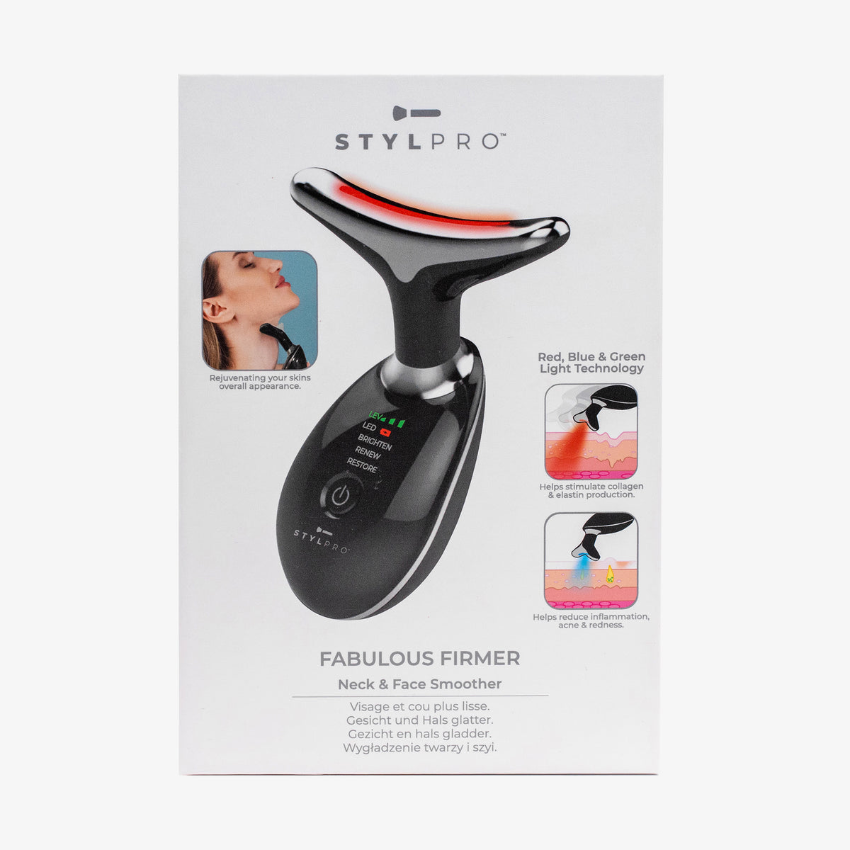 Auf der Verpackung des Fabulous Firmer Neck & Face Smoother sind Bilder einer Lichttherapie zur Behandlung von Hals und Gesicht zu sehen.