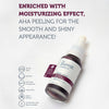 Die Flasche des Peeling-Serums verfügt über eine Pipette und ist von Text und Symbolen für die Vorteile der Hautpflege umgeben.