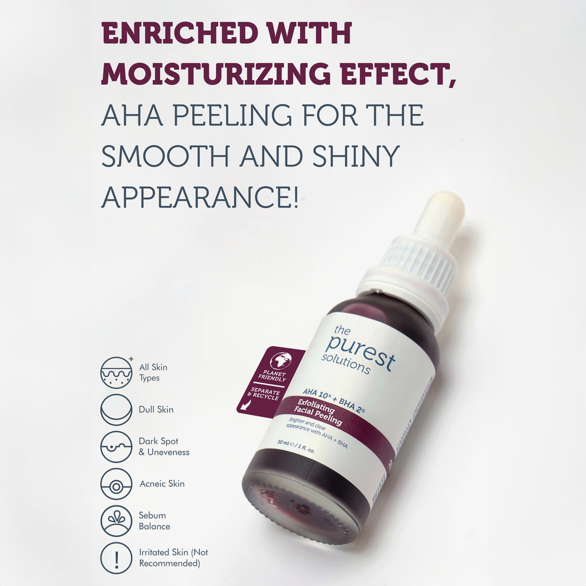 Die Flasche des Peeling-Serums verfügt über eine Pipette und ist von Text und Symbolen für die Vorteile der Hautpflege umgeben.