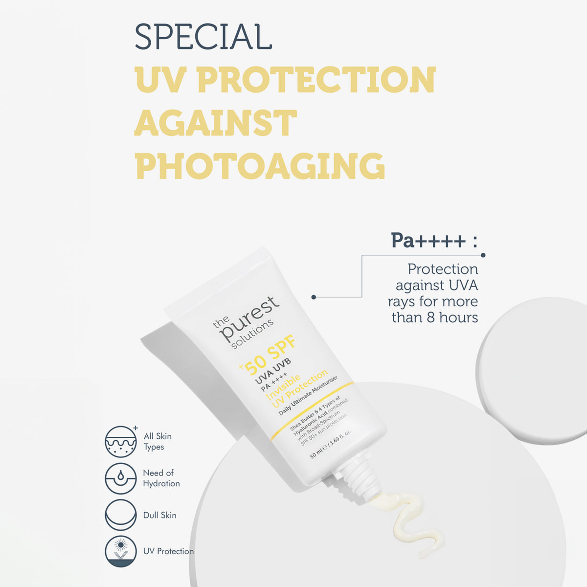 Sonnenschutzcreme mit SPF 50 von The Purest Solutions, geeignet für alle Hauttypen. Bietet UVA-/UVB-Schutz für über 8 Stunden und spendet Feuchtigkeit.