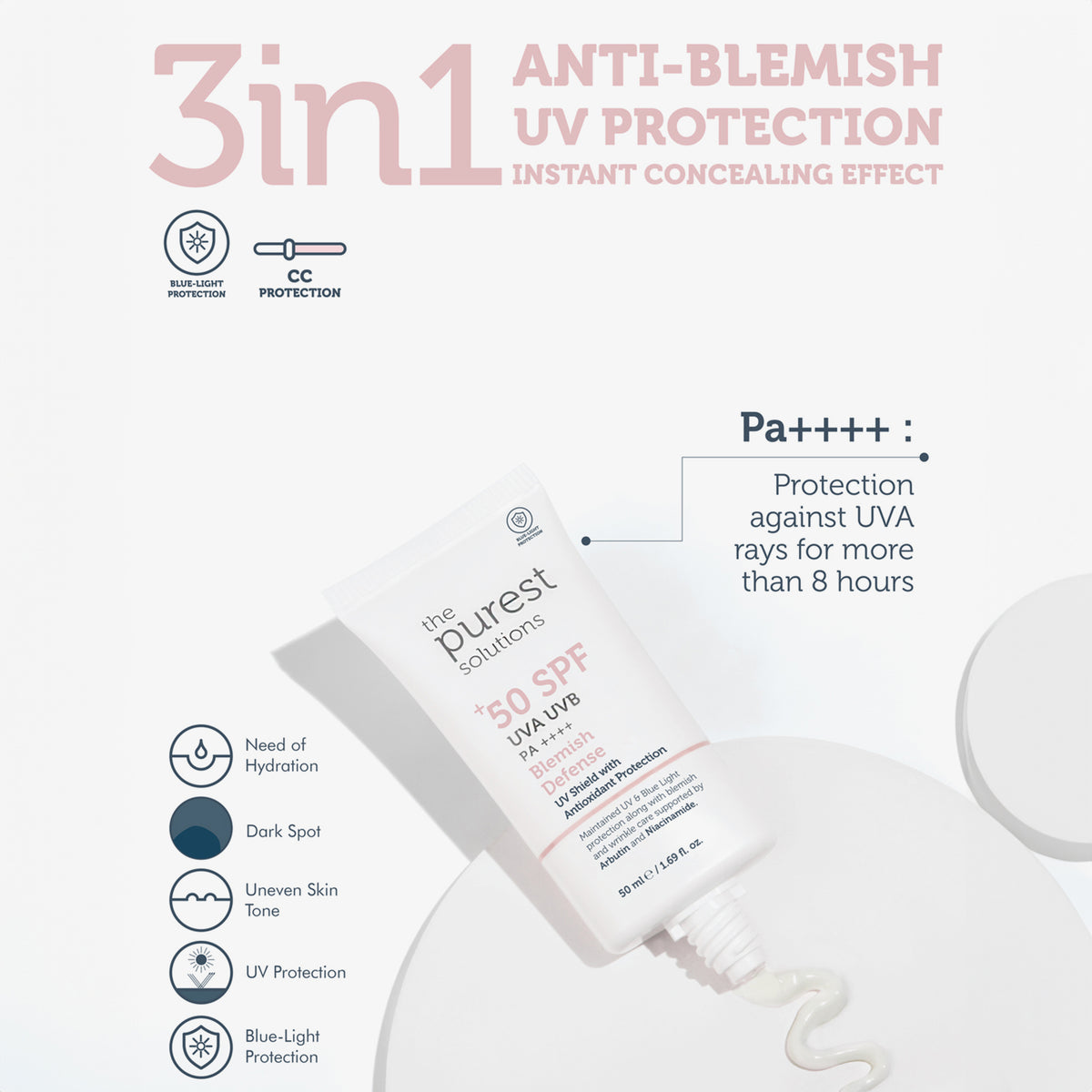 Abgebildet ist eine getönte 3-in-1 Sonnencreme mit SPF 50 von The Purest Solutions. Sie bietet UVA-/UVB- und Blaulichtschutz, spendet Feuchtigkeit und kaschiert Unreinheiten.