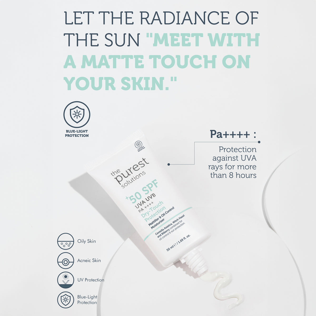 50+ SPF UVA/UVB Dry-Touch Protection Mattifier & Oil Control Moisturizer auf hellem Hintergrund mit Blaulichtschutzsymbolen und Produktdetails.
