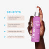 Eine Hand hält das Timeless HA Lavender Spray in einer lilafarbenen 120-ml-Sprühflasche. Links im Bild sind vier Produktvorteile mit blauen Herzsymbolen aufgelistet: spendet sofort Feuchtigkeit, schützt vor Umwelteinflüssen, beruhigt müde Haut und verbessert die Hautelastizität.