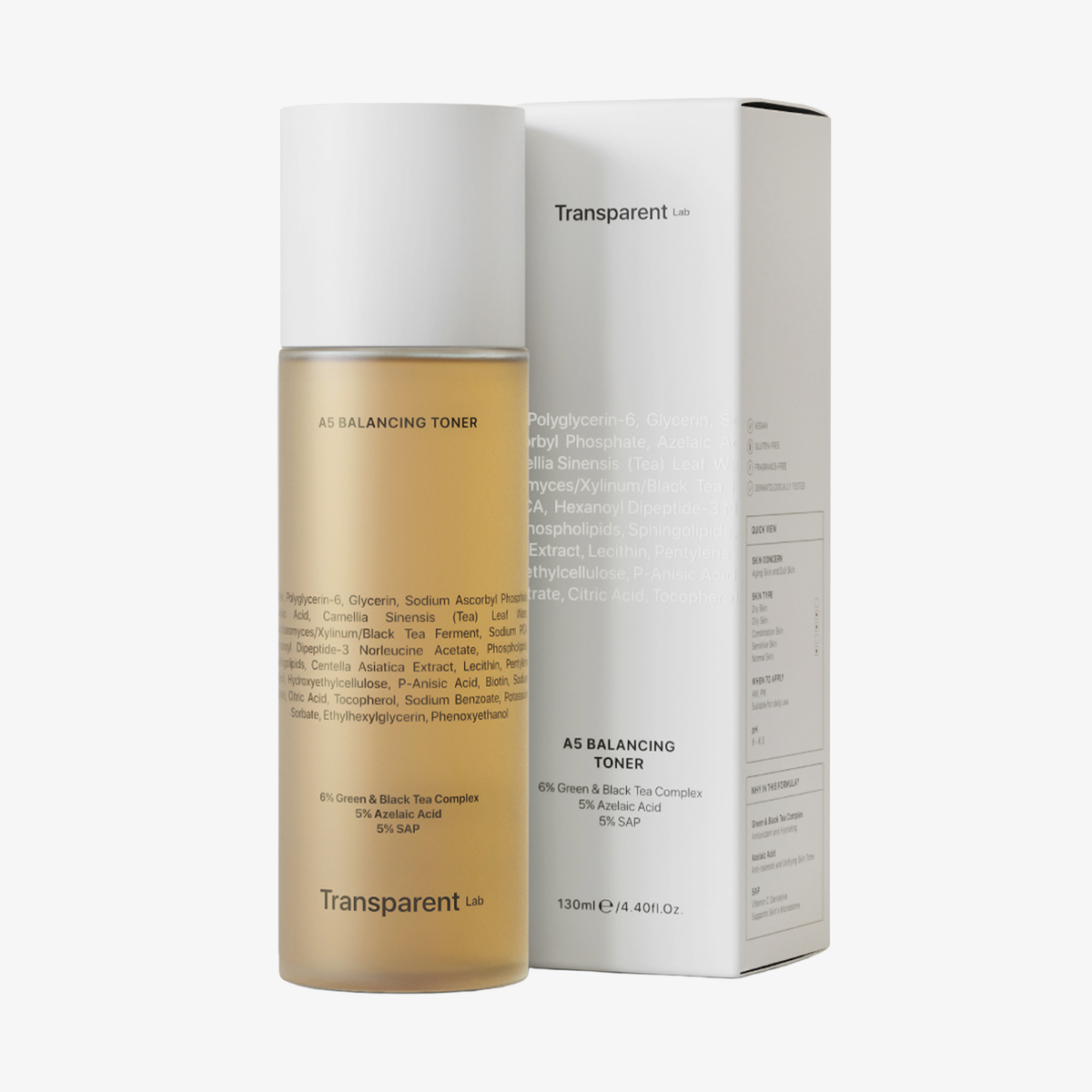Der ausgleichende Toner A5 von Transparent Lab wird neben seiner weißen Verpackung gezeigt.