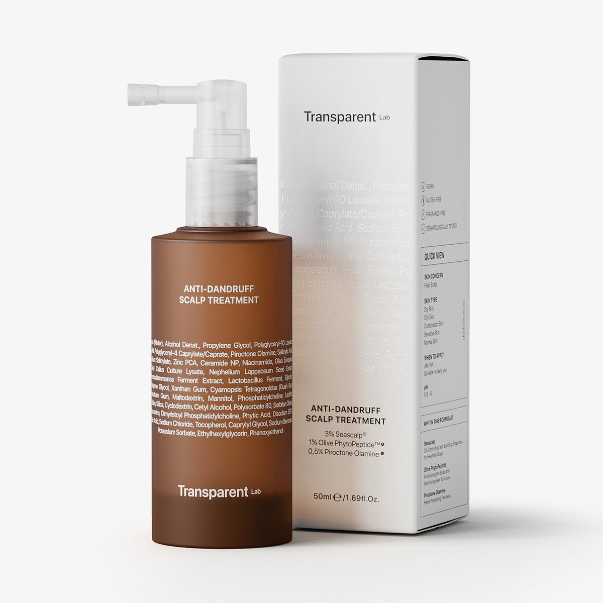 Anti- Dandruff Scalp Treatment von Transparent Lab, 50-ml-Flasche mit Schachtel.
