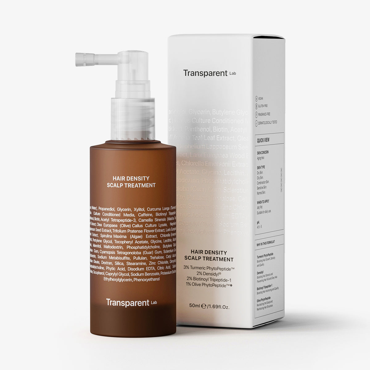 Eine braune Flasche Hair Density Scalp Treatment mit Sprühdüse steht neben der weißen Verpackungsschachtel.