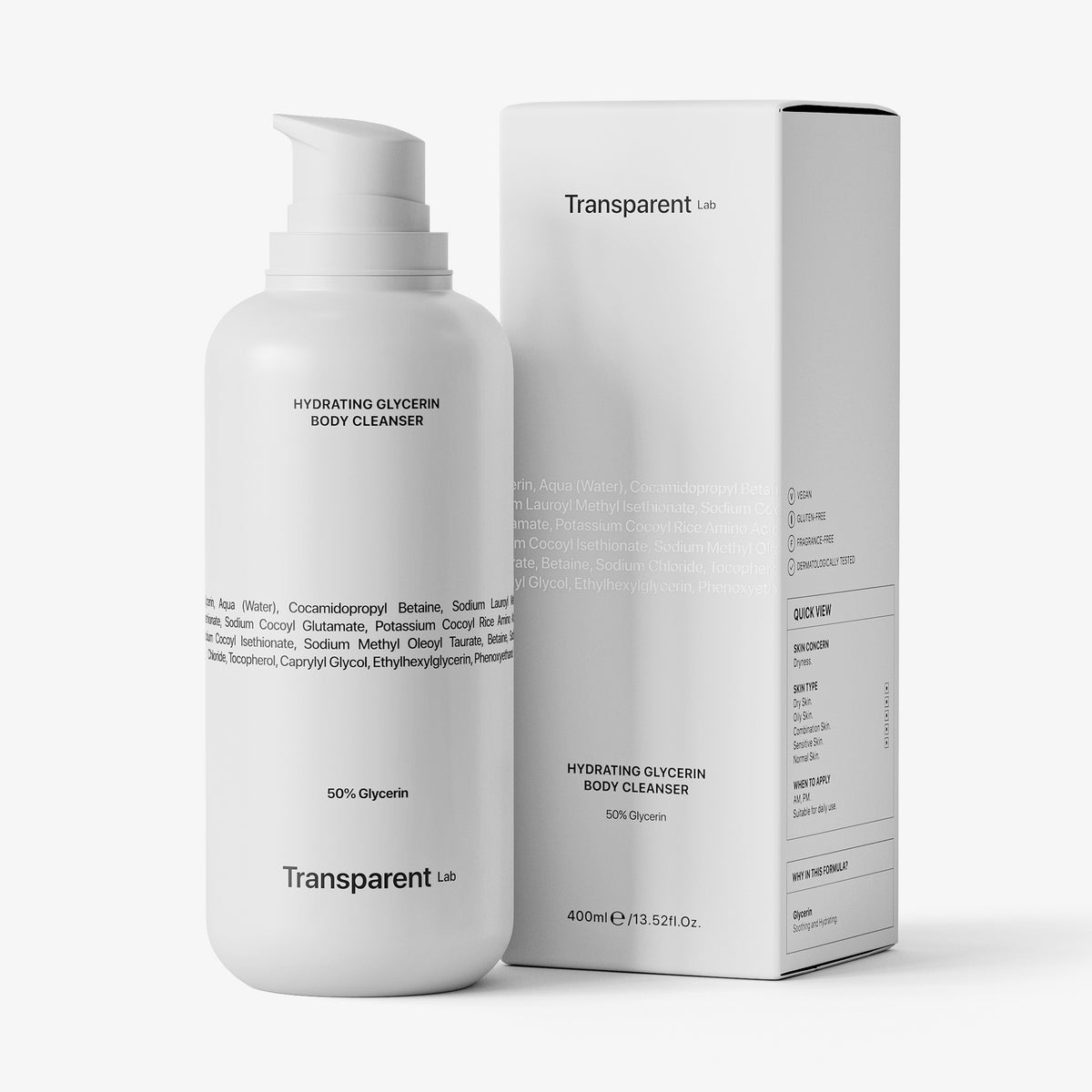 Eine Flasche und die dazugehörige Schachtel Hydrating Glycerin Body Cleanser, beide in Weiß mit schwarzem Text.