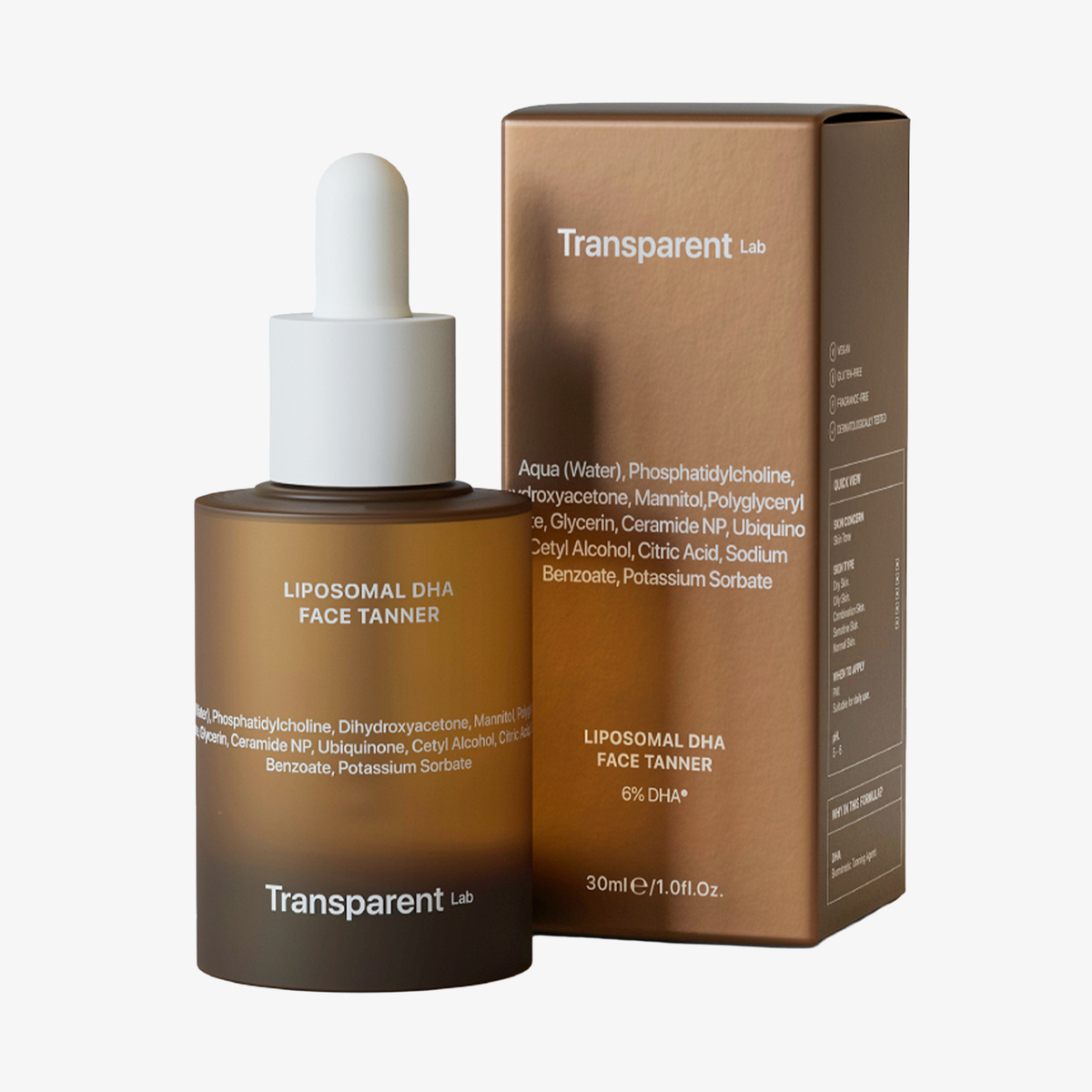 Transparentes Lab Liposomal DHA Face Tanner, 30ml Flasche und Schachtel, auf weißem Hintergrund.