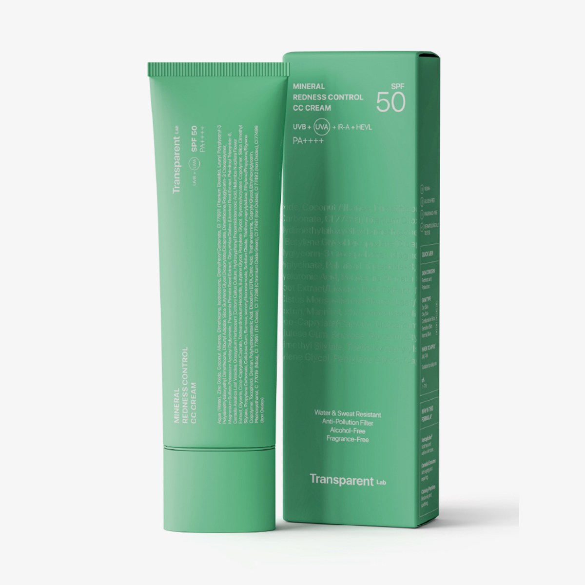 Transparent Lab Mineral Redness Control CC Cream LSF 50 in einer grünen Tube und Verpackung, aufrecht auf weißem Hintergrund.