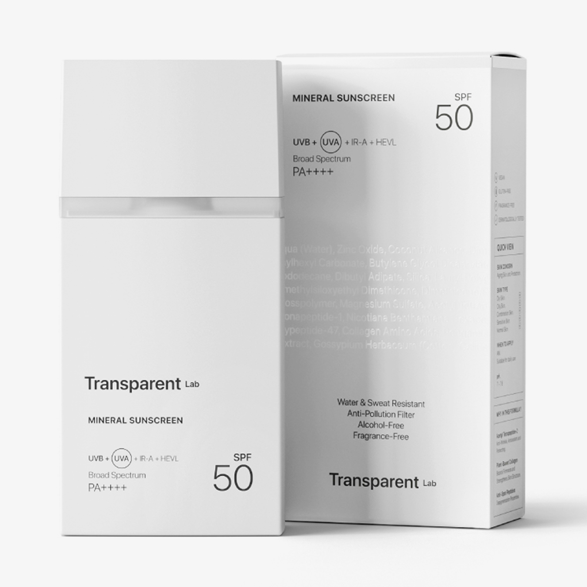 Weiße Flasche und Verpackung der Sonnencreme „Transparent Lab Mineral Sunscreen“ mit einem schlichten, minimalistischen Design.
