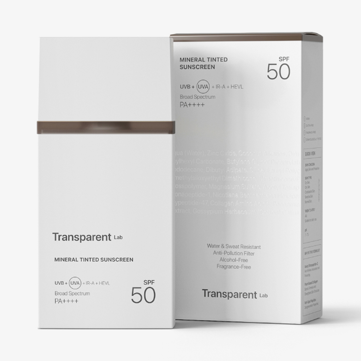 Zwei Packungen „Transparent Lab Mineral Tinted Sunscreen“ mit deutlich lesbaren Produktangaben auf der Verpackung.
