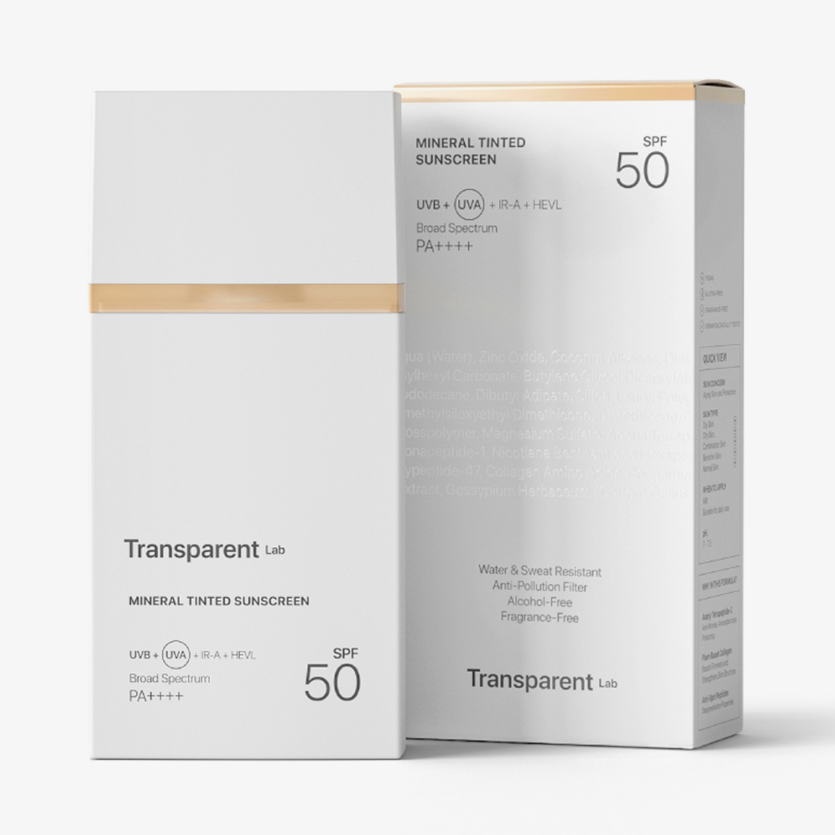 Weiße Schachtel und Flasche mit der getönten Sonnencreme „Transparent Lab Mineral Tinted Sunscreen“, LSF 50, mit goldfarbenem Verschluss und Produktangaben.