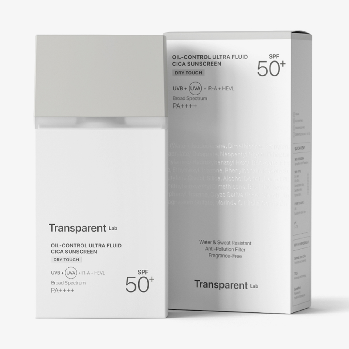 Weiße Flasche und Verpackung der „Transparent Lab Oil-Control Ultra Fluid Cica Sunscreen“, LSF 50+, im Detail zu sehen.