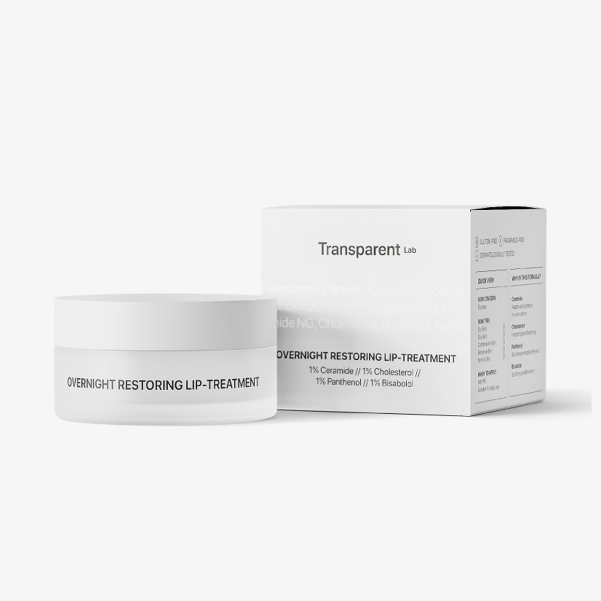 Weißer Tiegel Overnight Restoring Lip-Treatment neben weißer Verpackung von Transparent Lab.