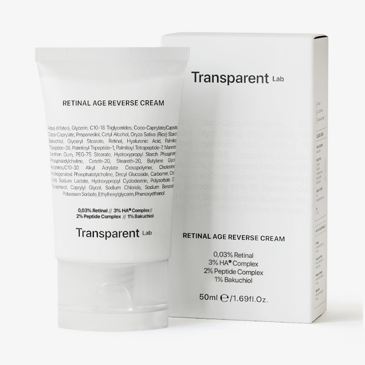 Eine 50-ml-Tube Transparent Lab Retinal Age Reverse Cream steht neben der Schachtel.