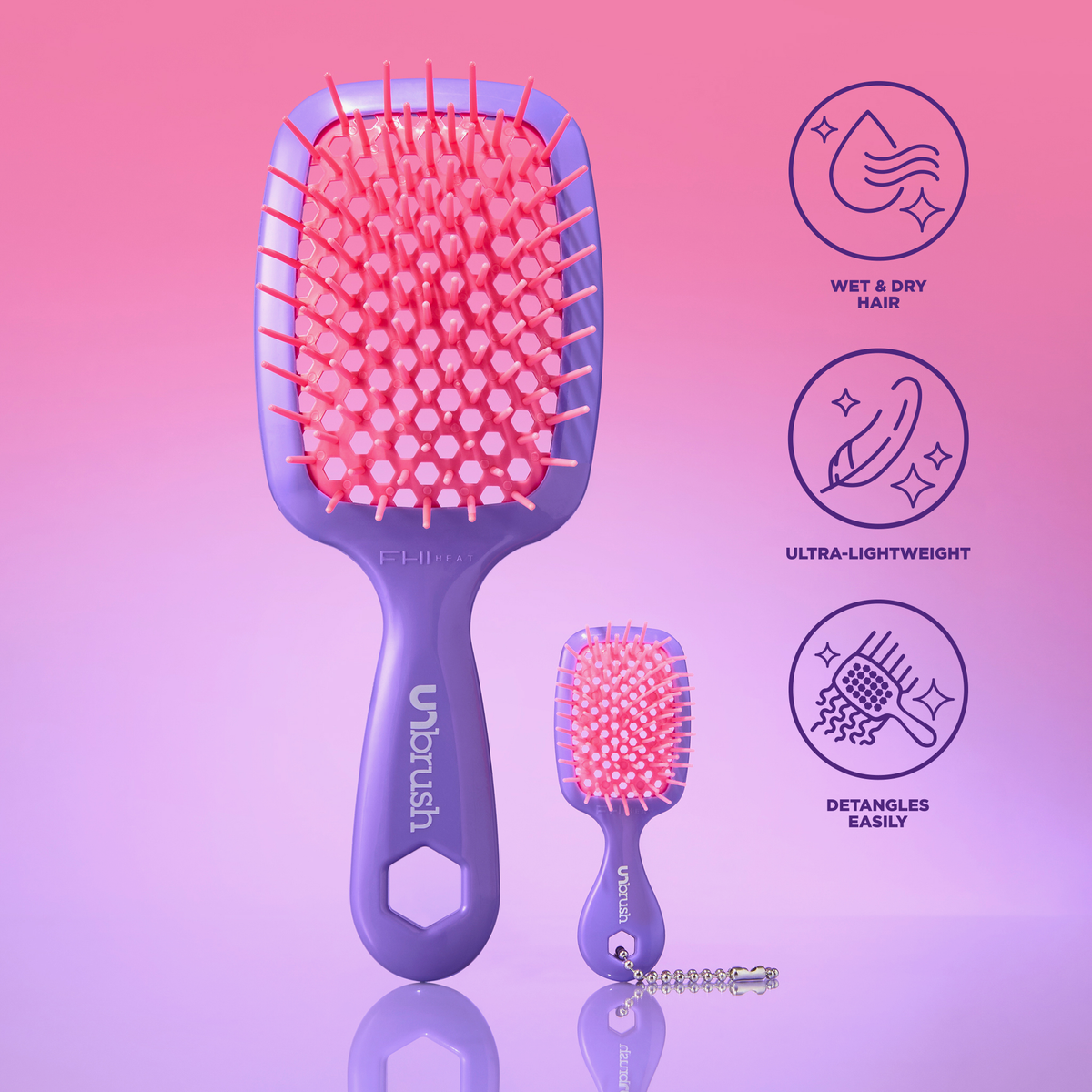 Große und kleine violette UNbrush- und Super-Mini-Set-Entwirrbürsten in Neon-Violett mit rosa Borsten, Symbolen für die Anwendung bei nassem bzw. trockenem Haar und leichtem Design.