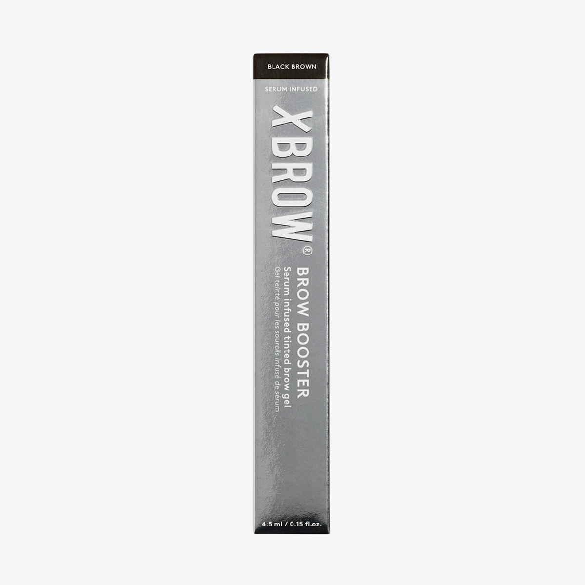 Vertikale Verpackung für das mit XLASH Brow Booster-Serum angereicherte, getönte Augenbrauengel in Schwarzbraun.